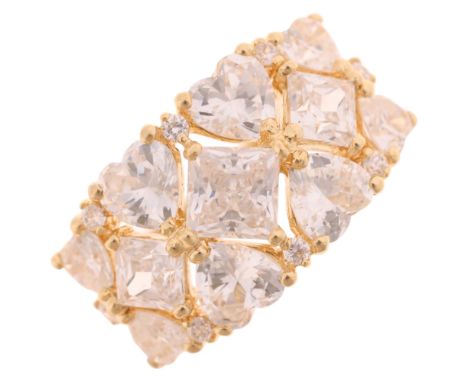 A 14ct gold cubic zirconia band ring, by QVC, set with heart and square-cut cubic zirconia, band width 12mm, size K, 5.3gNo d
