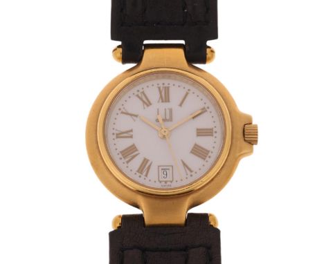 DUNHILL - a lady's gold plated stainless steel P12 quartz calendar wristwatch, white dial with gilt Roman numeral hour marker