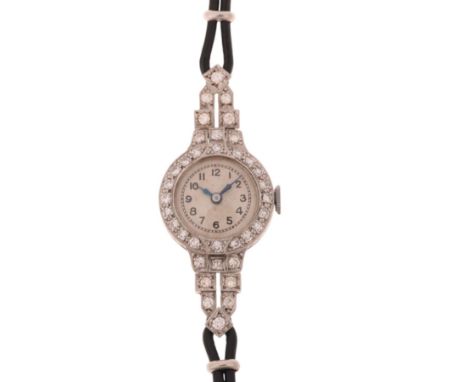 A lady's Art Deco platinum diamond mechanical cocktail wristwatch, circa 1930s, silvered dial with black Arabic numerals, blu