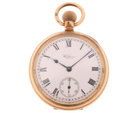 WALTHAM - a gold plated open-face keyless pocket watch, white enamel dial with Roman hour markers, blued steel spade hands, s
