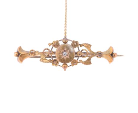 An Antique Edwardian 15ct gold diamond openwork bar brooch, Chester 1907, 44mm, 3.4g1 side of brooch slightly bent and lackin