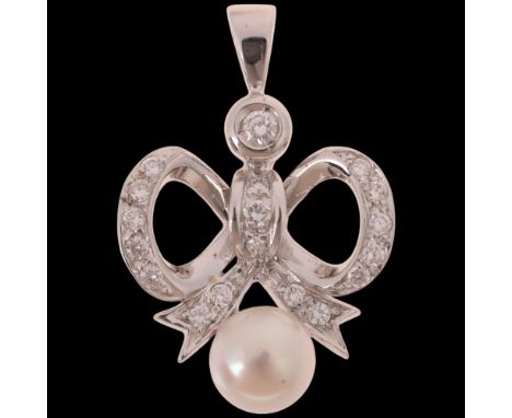 An 18ct white gold whole pearl and diamond ribbon bow pendant, set with modern round brilliant-cut diamonds, unmarked mount t