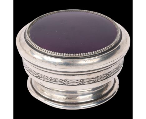 An Art Deco Continental silver purple enamel dressing table powder box and cover, circular form with engraved and beaded edge