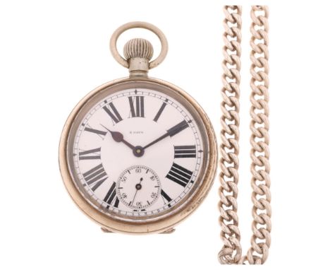 An Antique nickel open-face keyless pocket watch, white enamel dial with Roman numeral hour markers, blued steel spade hands,