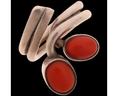 DAVID BENDY - a Danish modernist sterling silver coral floral ring, setting height 23mm, size H, 8.9gNo damage or repair, onl