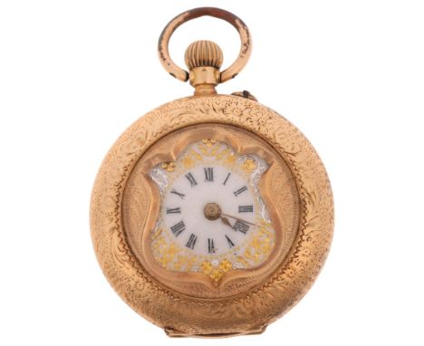 An Antique 14ct gold open-face keyless fob watch, white enamel dial with Roman numeral hour markers, spade hands, gilt and si