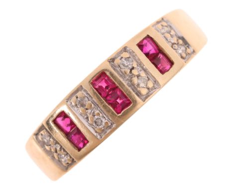 A 9ct gold ruby and diamond quarter eternity band ring, channel set with calibre-cut rubies and modern round brilliant-cut di
