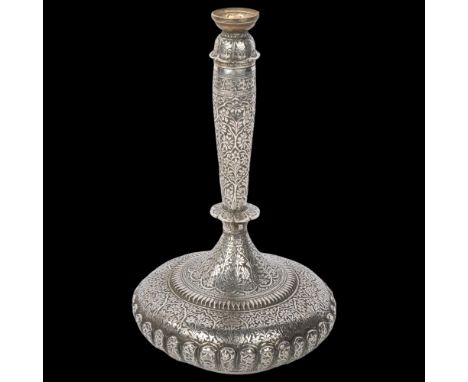 An Indian silver Surahi water flask converted to table lamp, Kashmir late 19th century, allover relief embossed and chased fl