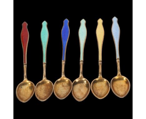 A set of 6 Norwegian vermeil sterling silver and harlequin enamel coffee spoons, indistinct maker with floral enamel bowl bac
