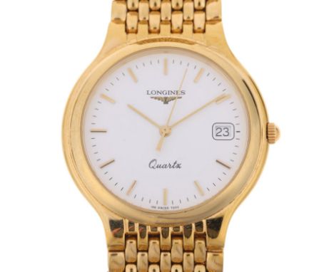 LONGINES - a gold plated stainless steel Flagship quartz calendar bracelet watch, ref. 7292, white dial with applied gilt bat