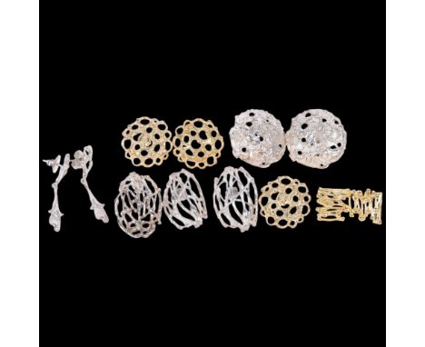 JANE M WATLING - 5 pairs of sterling silver brutalist abstract stud earrings, largest 36.8mm, and 2 spares, 57.4g totalNo dam