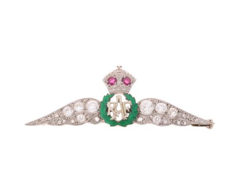 A large 18ct white gold ruby diamond and enamel RAF wings sweetheart brooch, circa 1930, set with old transitional and rose-c