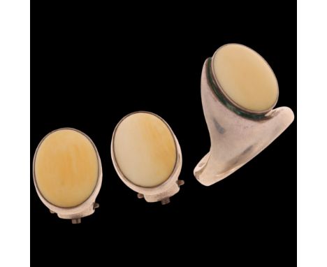 NIELS ERIK FROM - a Danish modernist sterling silver marine ivory ring and clip-on earring set, ring size N, earrings 16.8mm,