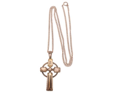 A large Antique silver smoky quartz Claddagh cross pendant necklace, unmarked, on silver curb link chain, pendant 75.2mm, cha