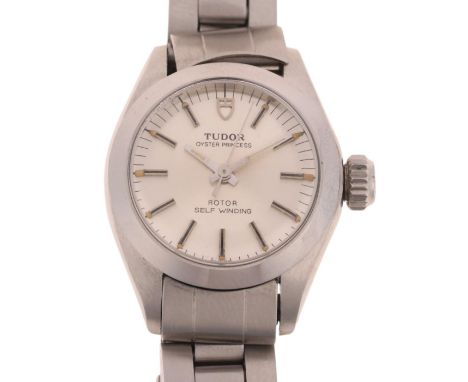 TUDOR - a lady's stainless steel Oyster Princess automatic bracelet watch, ref. 92100, circa 1984, silvered dial with applied
