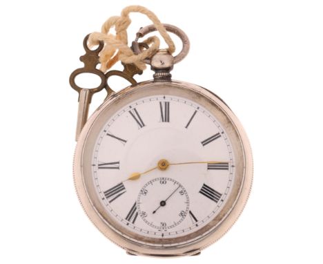 A Swiss silver open-face key-wind pocket watch, white enamel dial with Roman numeral hour markers, gilt spade hands, subsidia