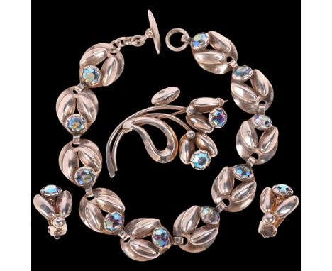 HERMANN SIERSBOL - a Danish modernist sterling silver blue crystal floral jewellery set, comprising panel bracelet, 20cm, bro