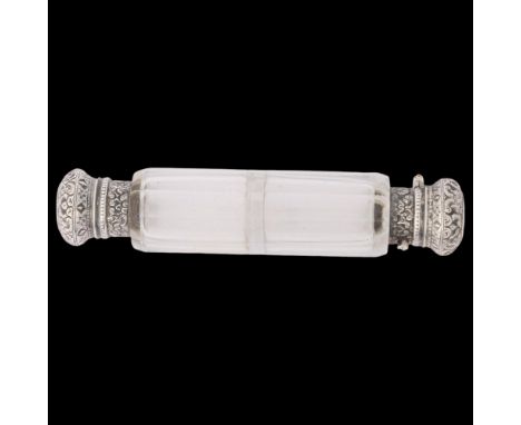 A Victorian silver-mounted glass double-ended scent bottle, George Brace, London 1885, the faceted glass body with relief emb