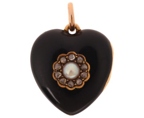 An Antique Victorian pearl diamond and black enamel heart mourning locket pendant, circa 1880, the flowerhead motif set with 