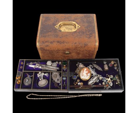 Various Antique and Vintage silver and costume jewellery, including Victorian mourning brooch, Port decanter label, gem set r