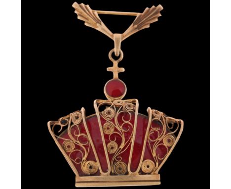 VOLMER BAHNER - a Danish sterling silver-gilt red enamel Kingmark crown drop brooch, 51.2mm, 17.6gNo damage or repair, no ena