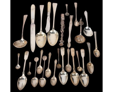 Various silver flatware, including George III tablespoon, 18th century shell sauce ladle spoon, mother-of-pearl handled cake 