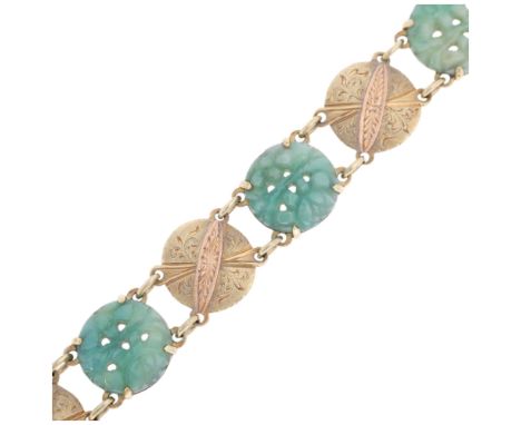 An 18ct two-colour gold jade panel bracelet, with alternating floral carved and pierced jade, and foliate chased curved panel