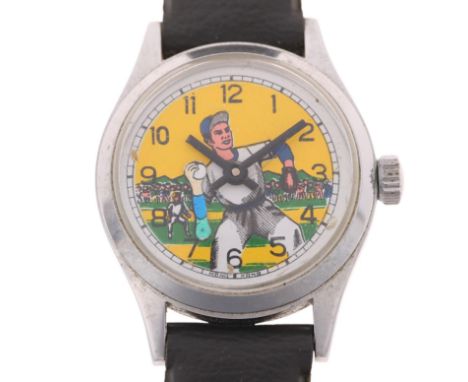 A Vintage stainless steel novelty 'Baseball' mechanical wristwatch, circa 1960s, printed baseball scene dial with Arabic nume