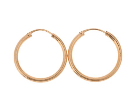 A pair of Continental 9ct gold hoop earrings, unmarked mount tests as 9ct, 30.5mm, 2.8gBoth earrings have slightly bent fitti