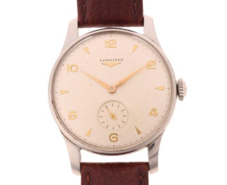 LONGINES - a Vintage stainless steel Calatrava mechanical wristwatch, ref. 5356, circa 1957, silvered dial with applied gilt 
