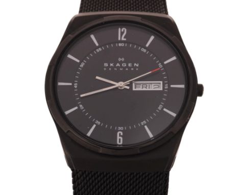 SKAGEN - a Melbye titanium and midnight steel quartz day/date bracelet watch, ref. SKW6006, black dial with luminous baton ho