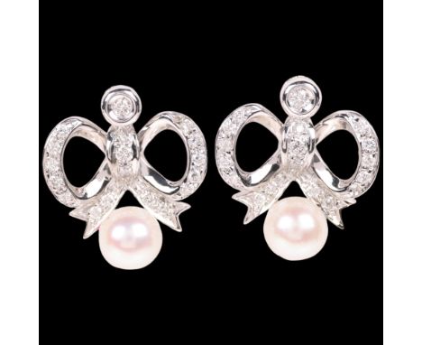 A pair of 18ct white gold whole pearl and diamond ribbon bow stud earrings, set with modern round brilliant-cut diamonds, unm