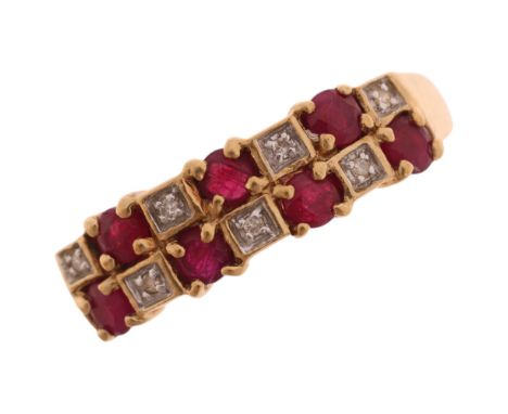 A 9ct gold ruby and diamond double-row half hoop ring, setting height 5.9mm, size P, 2.2gNo damage or repair, all stones pres
