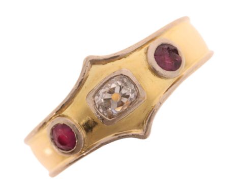 An 18ct two-colour gold three stone ruby and diamond ring, maker DOM, set with round-cut rubies and elongated old cushion-cut