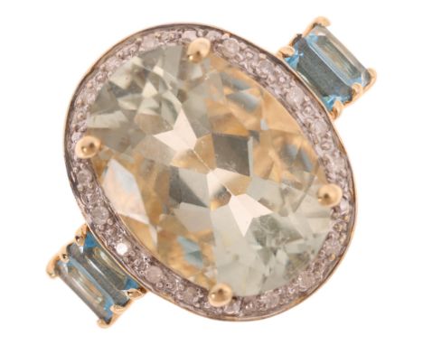 A 9ct gold aquamarine blue topaz and diamond oval cluster ring, by QVC, Birmingham 2007, claw set with oval mixed-cut aquamar