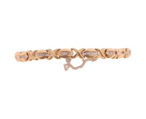 A modern 14ct gold diamond XO link tennis line bracelet, set with baguette-cut diamonds, unmarked mount tests as 14ct, 17.5cm