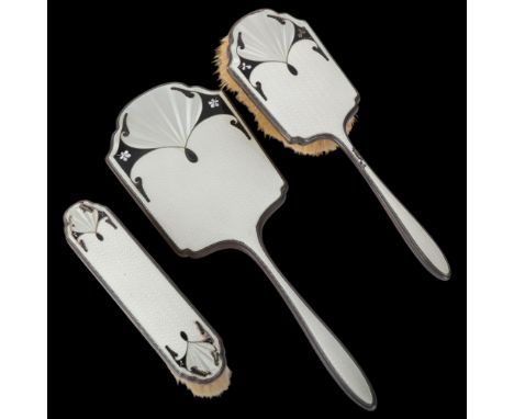 An Art Deco George V silver and enamel 3-piece dressing table set, Albert Carter, Birmingham 1931, black and white enamel dec