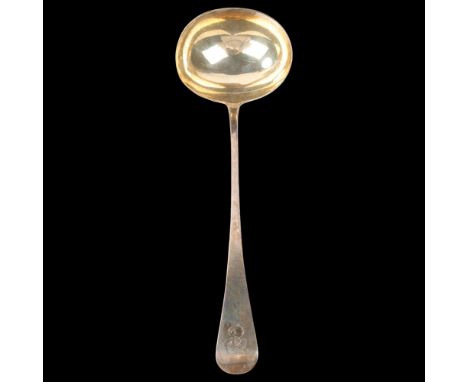 A George IV silver Old English pattern soup ladle, probably William Johnson, London 1823, gilded bowl, 31cm, 4.8ozA few light