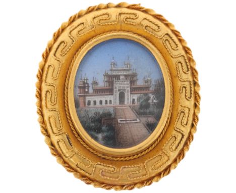 An Antique Indian 20ct gold miniature watercolour 'Gate to the Taj Mahal' dress stud, the oval panel with hand painted scene 