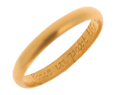 A 17th century gold posy ring, inside hoop inscribed "Love In Part The Rest In Heart" and stamped "G", band width 3.2mm, size