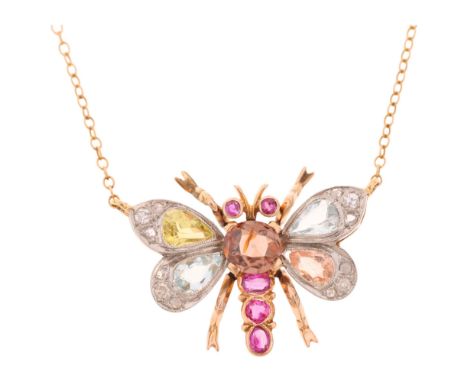 An Antique gem set dragonfly pendant necklace, circa 1910, set with various gemstones including brown zircon ruby diamond per