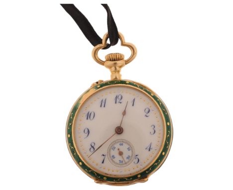 An Art Nouveau Continental 18ct gold enamel and diamond open-face keyless fob watch, circa 1900, white enamel dial with hand 