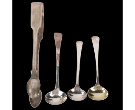 Various Antique silver flatware, including pair of George IV silver sugar tongs, George III mustard spoon, etc, 2.4oz totalLo