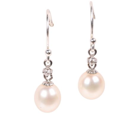 A pair of 18ct white gold cultured pearl and diamond drop earrings, with sterling silver shepherd hook fittings, 29.7mm, 2.4g