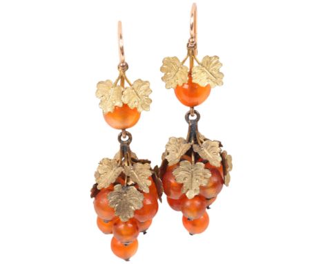 A pair of Antique Victorian carnelian bead 'Grape' drop earrings, with 18ct gold chased grapevine leaves, and shepherd hook f