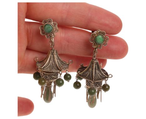 A pair of Chinese jade pagoda drop earrings, unmarked filigree decoration with screw-back fittings, 58.9mm, 14.6g, boxedNo da