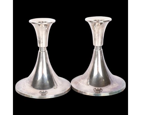 DAVID ANDERSEN - a pair of Norwegian modernist silver table candlesticks of circular tapered form, 15cm, 22.5oz gross, weight