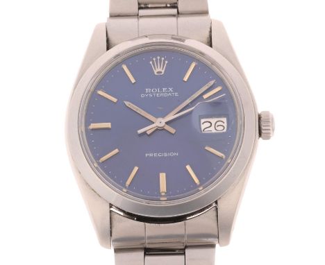 ROLEX - a stainless steel Oysterdate Precision mechanical calendar bracelet watch, ref. 6694, circa 1974, blue dial with appl