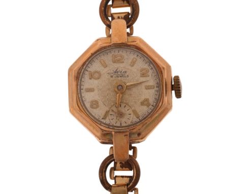 AVIA - a lady's Vintage 9ct gold mechanical bracelet watch, circa 1950s, silvered engine turned dial with applied gilt eighth