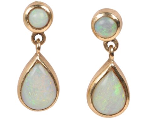 A pair of 9ct gold opal drop stud earrings, set with pear and round cabochon opals, 15.4mm, 1.1gNo damage or repair, all ston